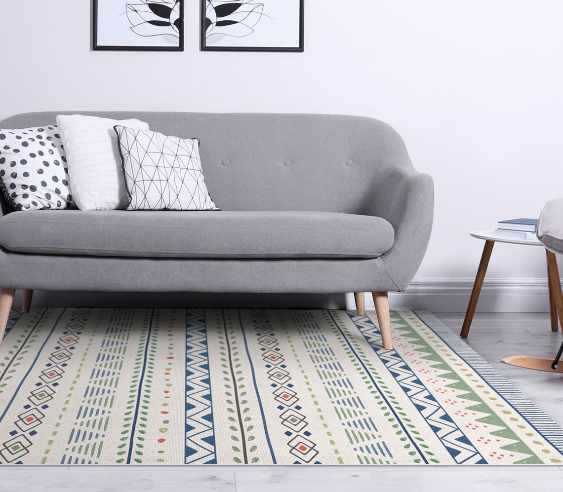 Geometric blue and green kitchen rug vinyl floor mat. Kitchen Etsy