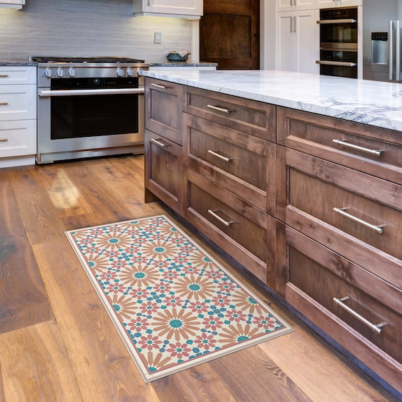 Orange and Blue Kitchen Runner Rug, Printed on Vinyl Floor Mat