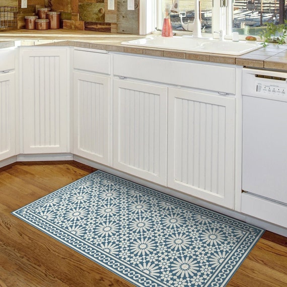 Vinyl Area Rug With Moroccan Tiles Design in Blue and Beige. 