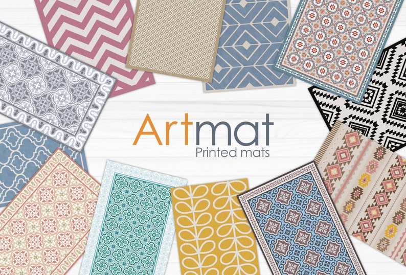 May include: Assortment of colorful printed floor mats with geometric and floral patterns. The mats are arranged in a circle around the text "Artmat Printed mats".