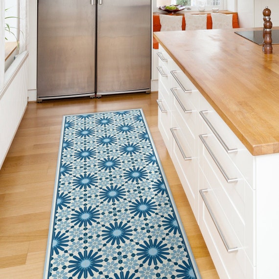 Vinyl Area Rug With Moroccan Tiles Design in Blue and Beige. 