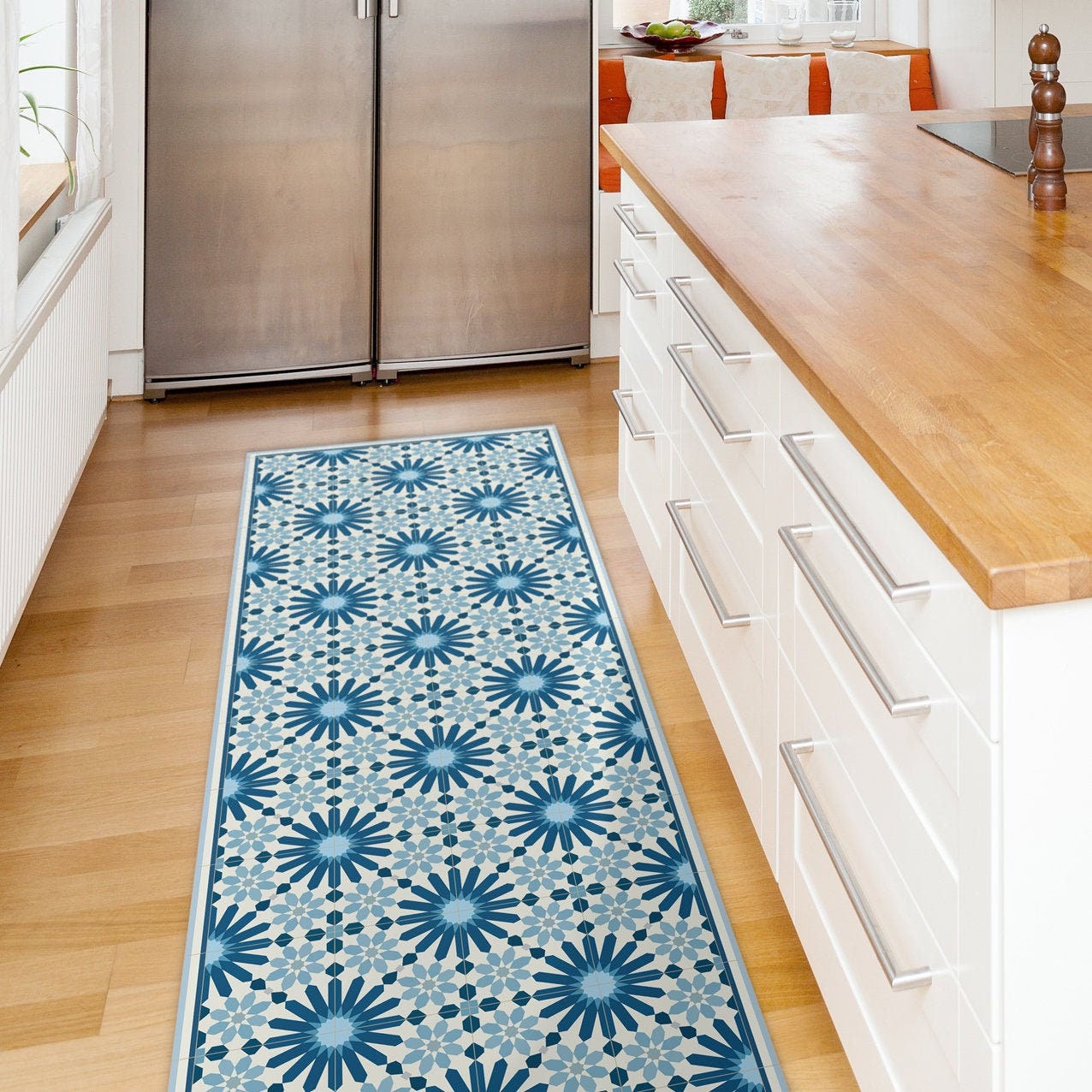 Blue Kitchen Rug Printed on Vinyl Floor Mat. Spanish Tiles 