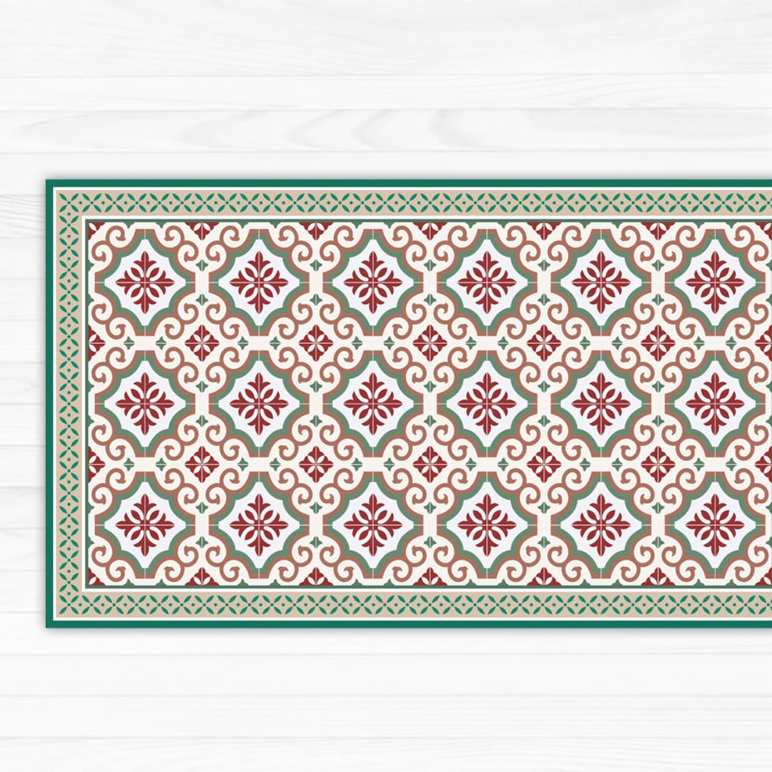 Green and Red Linoleum Rug, Area Rug, Printed Mat, With Tiles and