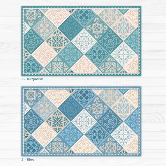 Vinyl Floor Mat Kitchen Mat With Tile Design In Turquoise Etsy