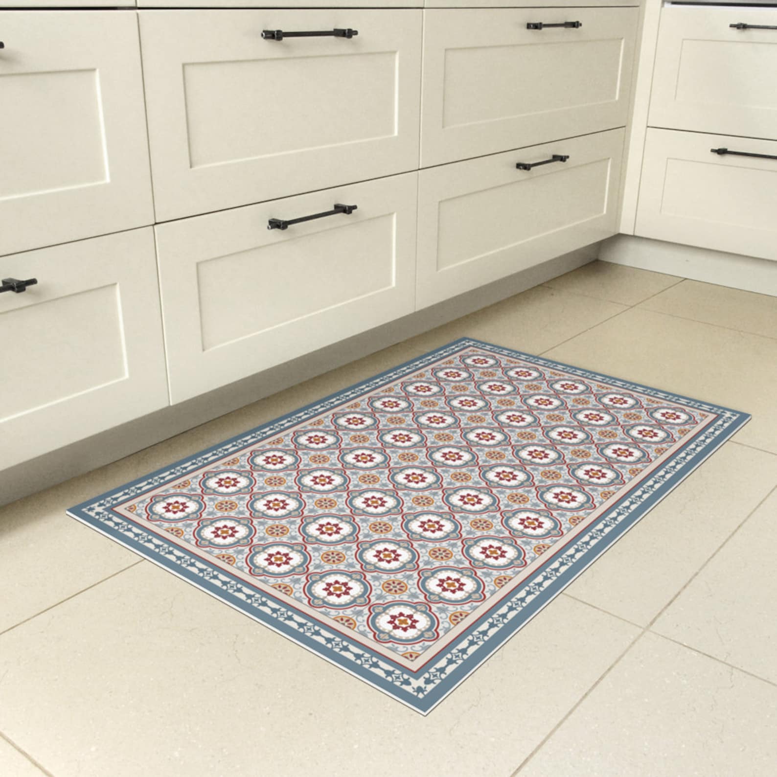 Vinyl floor mat with decorative tiles pattern in blue. Spanish Etsy