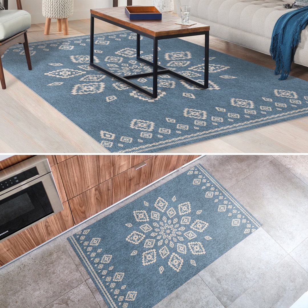 Samara Vinyl Floor Mat With Boho Design, Geometric Vinyl Rug. Blue ...