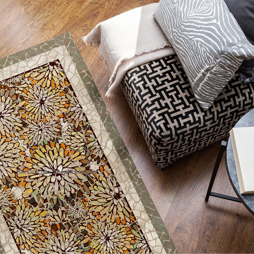 New Art Mosaic Tile Vinyl Floor Mat in Gray and Yellow, PVC, Botanic