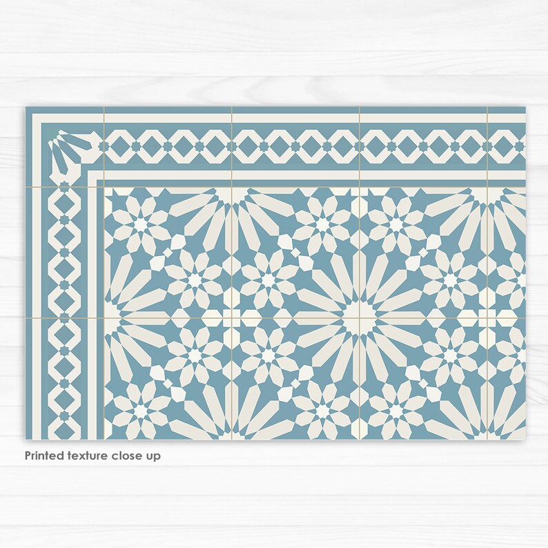 Light blue vinyl floor mat with Moroccan tiles design. Etsy