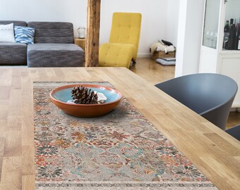 NOUVEAU - Chemin de table en vinyle à motif de carreaux mélangés inspiré du style ethnique espagnol en beige. Chemin de table. Chemin de table en PVC.