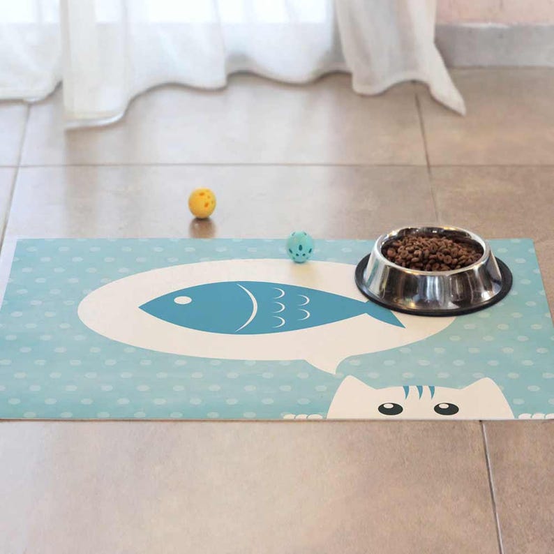 Cat Food Placemat. Hungry Cat Illustration With Fish in Blue. Etsy