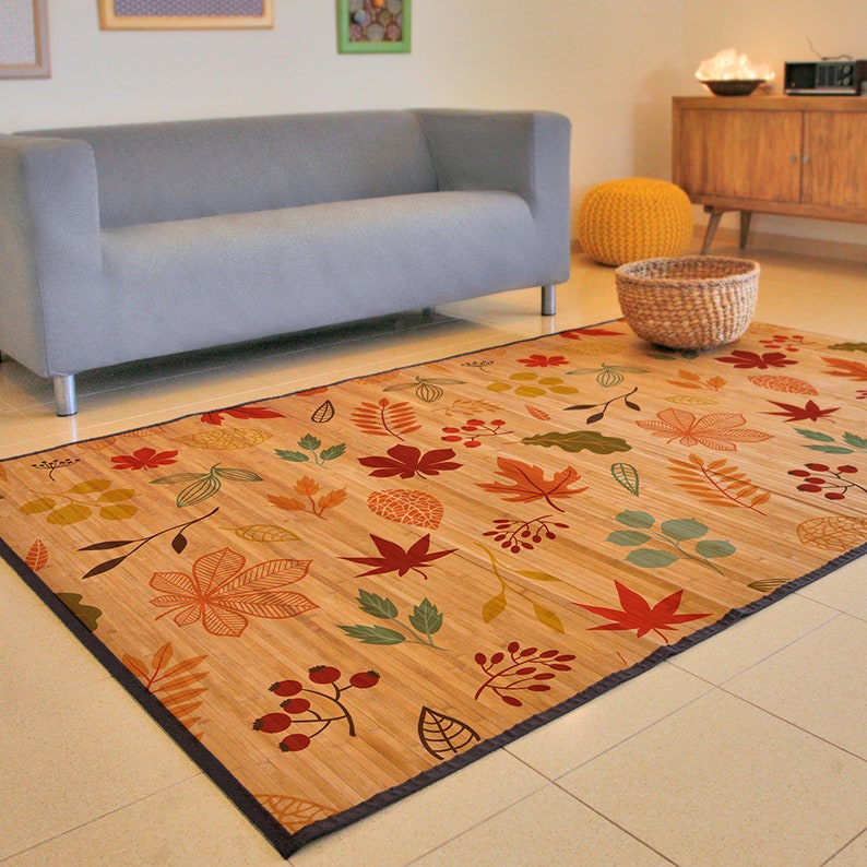 Bamboo Carpet With Printed Autumn Leaves. Turquoise Red Etsy