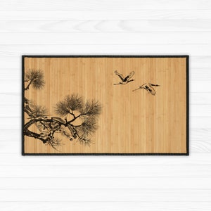 Bamboo rug Cranes illustration in black and grey, Art Mat image 2