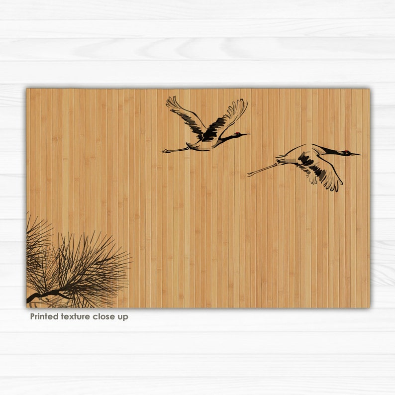 Bamboo rug Cranes illustration in black and grey, Art Mat image 4