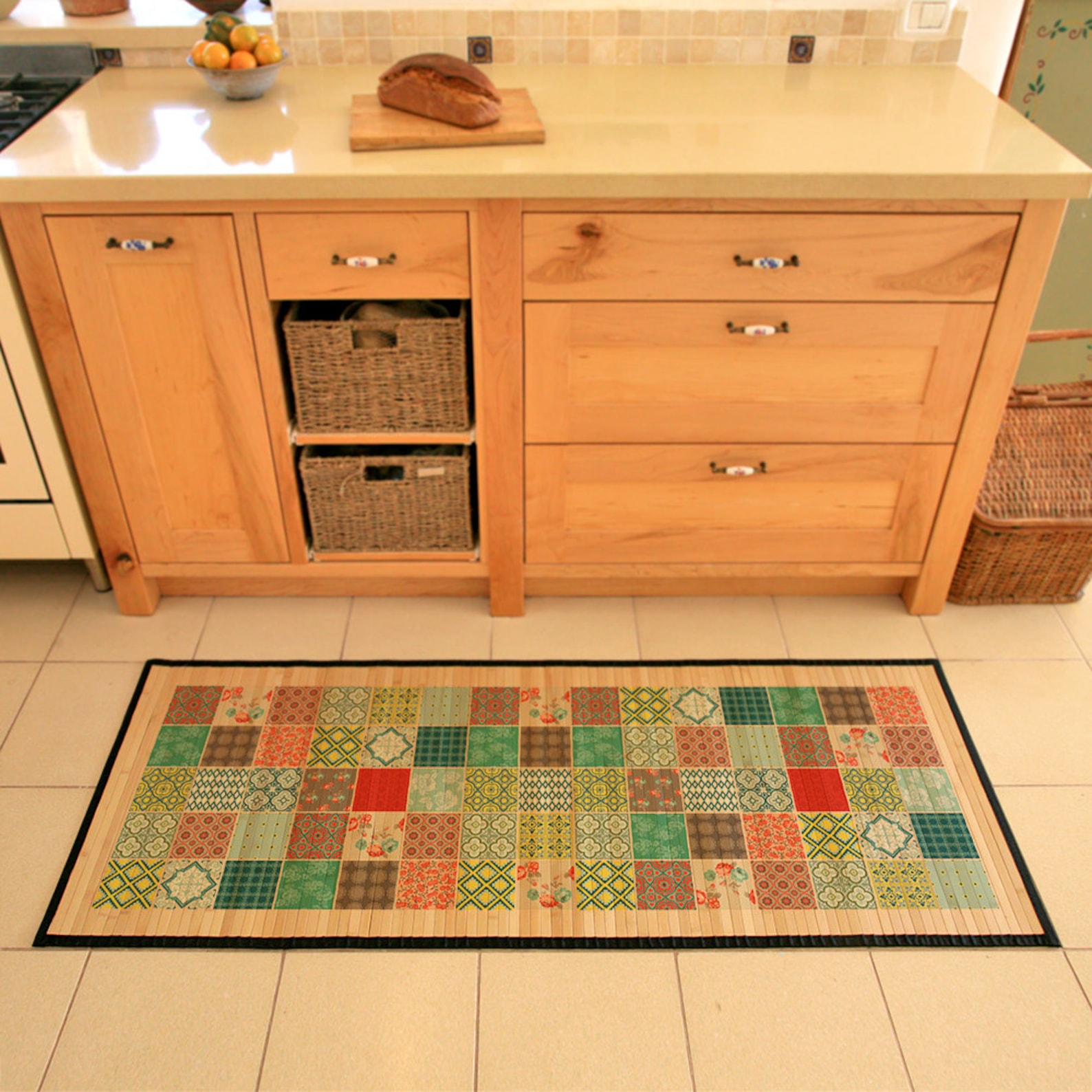 Printed Bamboo Rug - Patchwork Design in Green, Red and Turquoise ...