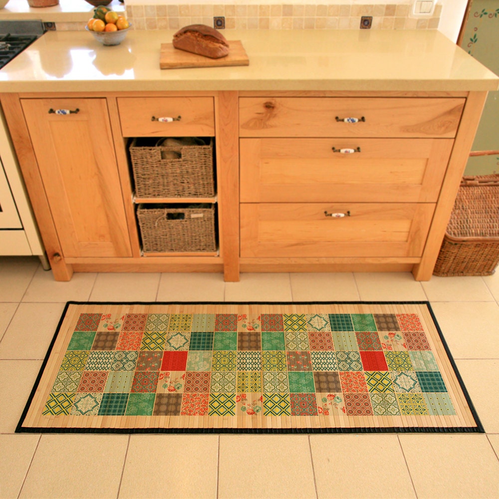Printed Bamboo Rug Patchwork Design in Green Red and Etsy
