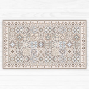 NEW - Beige vinyl floor mat with eclectic tiles. Pvc rug, printed to order with elegant tile design. Great home and kitchen decor mat.