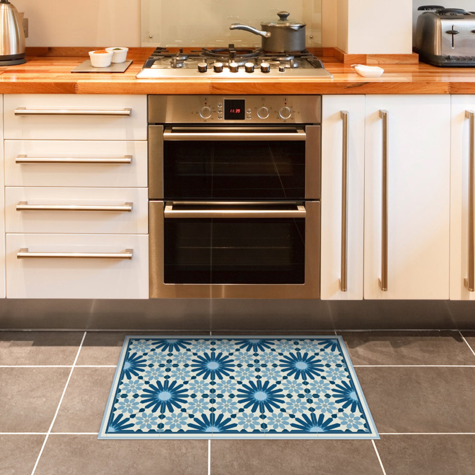 Dark Blue Kitchen Mat Vinyl Floor Mat With Moroccan Tiles Etsy