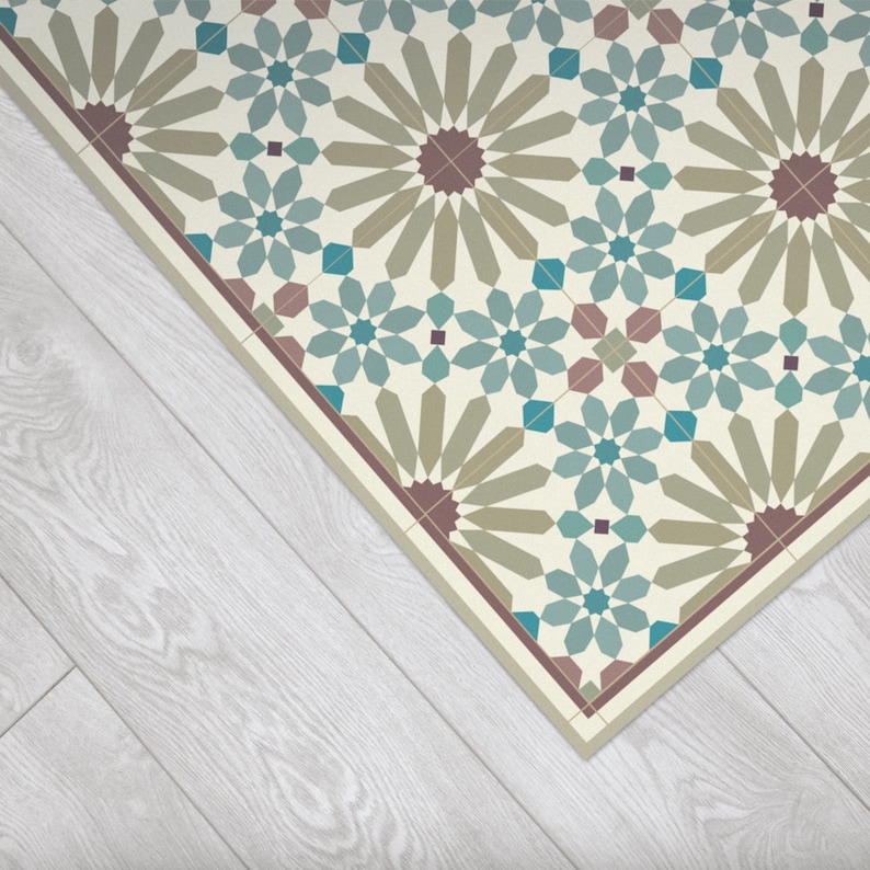May include: A close-up of a patterned floor tile with a geometric design. The tile features a repeating pattern of teal blue, brown, and beige starbursts. The tile is set against a white background.