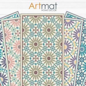 May include: Set of six decorative floor mats with a geometric pattern of blue, green, yellow, orange, pink, and purple flowers on a cream background. The mats have a brown border. Artmat Home Decor.