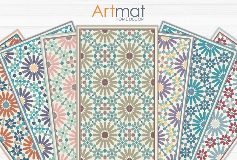 May include: Set of six decorative floor mats with a geometric pattern of blue, green, yellow, orange, pink, and purple flowers on a cream background. The mats have a brown border. Artmat Home Decor.