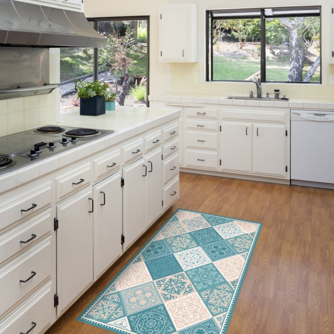 Turquoise Vinyl Kitchen Mat. Vintage Tiles Design, Kitchen Decor in