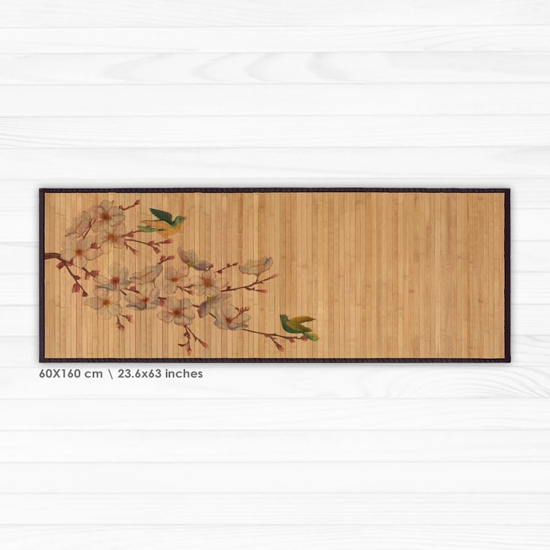 Printed Bamboo Mat, Area Rug - Oriental Print of Bird on Branch, Plum ...