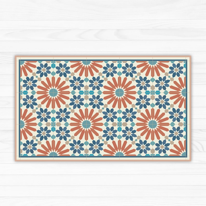 Kitchen vinyl floor mat with orange and blue Moroccan style Etsy