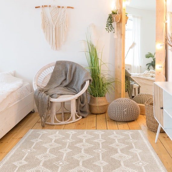 Beige & White Vinyl Floor Mat With Boho Design, North African Berber Art.  Tribal Moroccan Design on Beige Background. Kitchen Rug, Area Rug. 