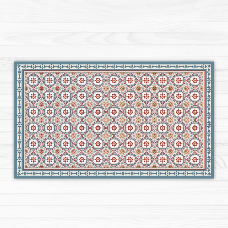 Vinyl floor mat with decorative tiles pattern in blue. Spanish Etsy