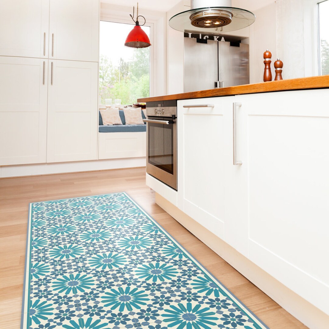 Moroccan Vinyl Rug Runner in Tile Effect Pattern for Kitchen 