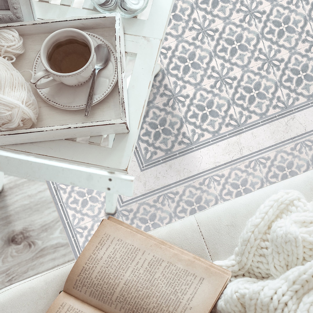 NEW Gray Vinyl Floor Mat With Eclectic Tiles. Beige PVC Rug, Elegant Tile Design. Great Decor