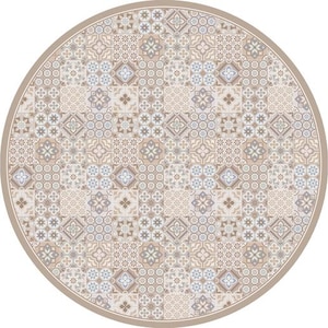 May include: A round decorative mat with a repeating pattern of small, square tiles. The tiles feature a mix of floral and geometric designs in shades of beige, brown, and blue. A light brown border frames the design.