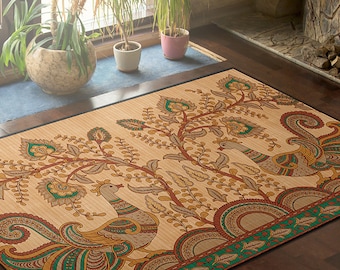 The Sultan Gardens - Bamboo rug printed in ethnic colorful illustration . Natural bamboo mat for indoor use, in your kitchen, living room.