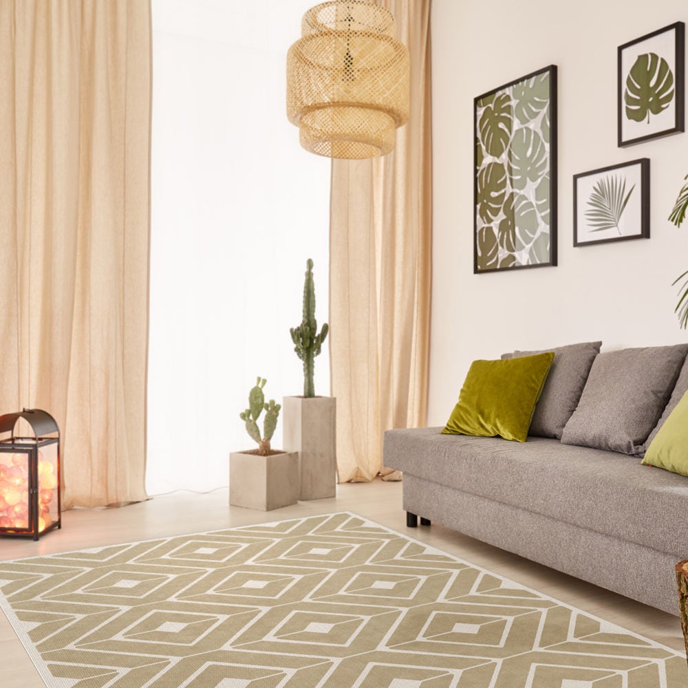 Geometric Beige Linoleum Rug Printed on PVC Art Mat. Vinyl Carpet With ...