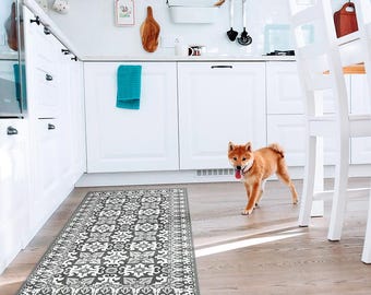 Gray Moroccan Tile Vinyl Mat: Waterproof Kitchen, Pet & Entryway Rug
