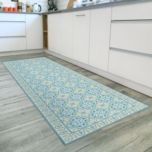Turquoise and green runner rug with Spanish tiles design. Vintage runner rug, printed on vinyl floor mat. Turquoise rug runner, kitchen rug.