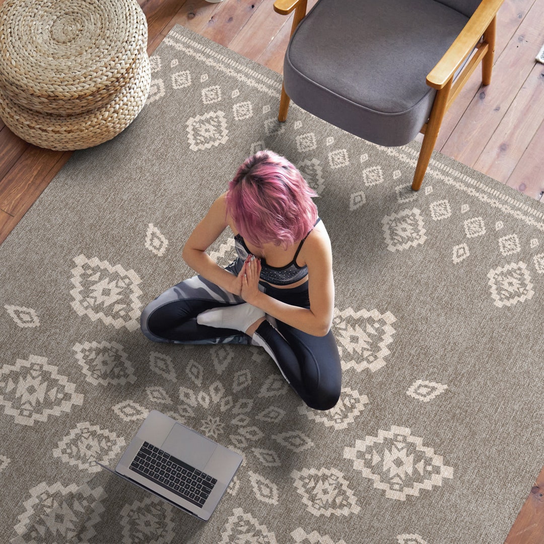 Samara Vinyl Floor Mat With Boho Design, Geometric Vinyl Rug. Brown ...