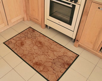 NEW - Brown Lotus -  Floral bamboo rug. Lotus flowers in brown. Natural bamboo mat. Kitchen floor mat, area rug or runner rug.