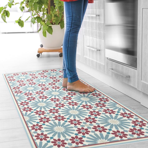 Red And Blue Kitchen Mat Vinyl Floor Mat With Moroccan Tiles Etsy