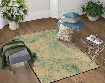 NEW - Turquoise Lotus -  Floral bamboo rug. Lotus flowers in Turquoise . Natural bamboo mat. Kitchen floor mat, area rug or runner rug.