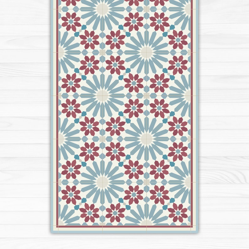 Vinyl Runner Rug With Moroccan Tiles In Blue And Red Hallway Image 0