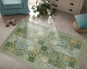 Green Portuguese Tile Vinyl Mat: Decorative Kitchen Bath Doormat
