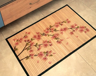 Printed Bamboo Mat - Plum blossom print in pink. Natural bamboo rug with pink floral design.