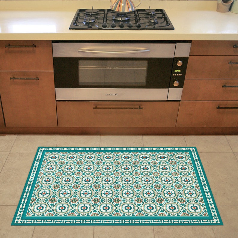 Turquoise Vinyl Floor Mat With Decorative Spanish Tiles Etsy