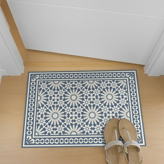 Vinyl Area Rug With Moroccan Tiles Design in Blue and Beige. 