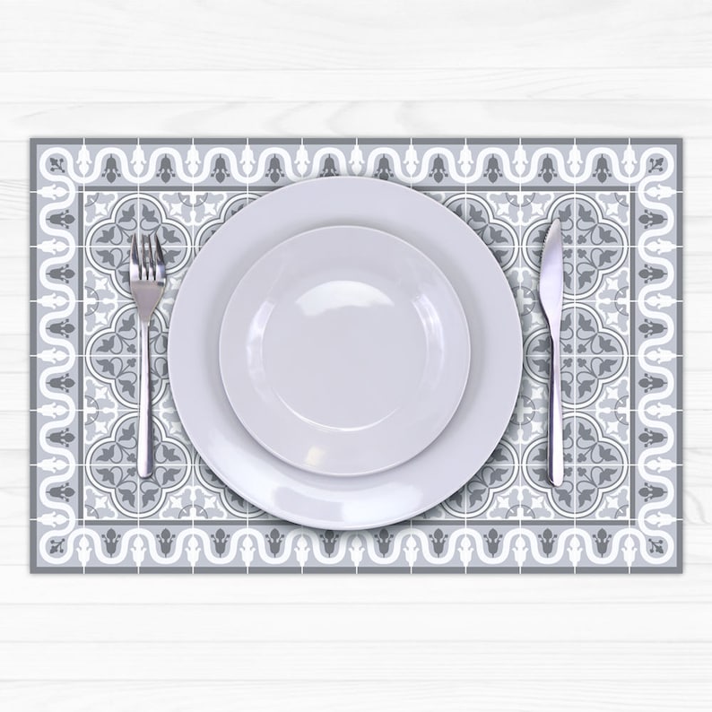 Vinyl placemat with tile design in grey. Placemats for dining Etsy