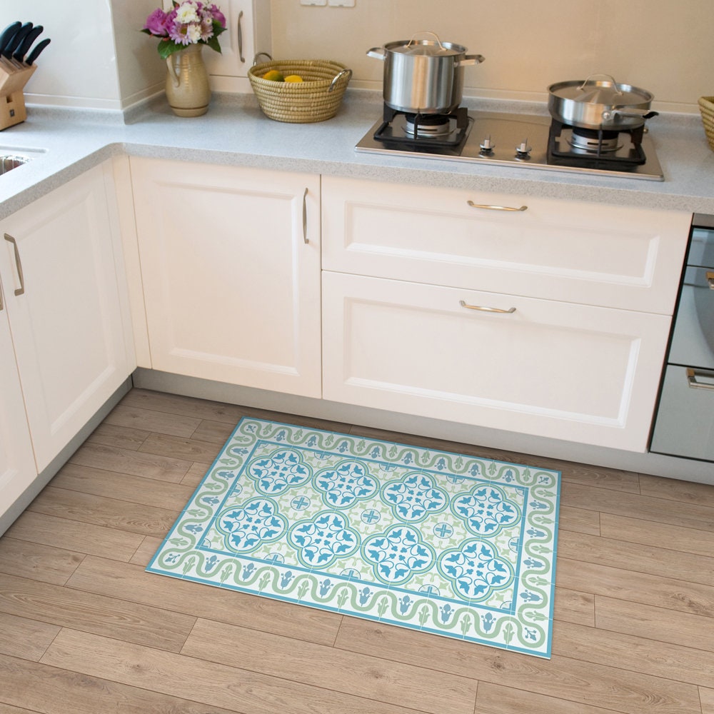 Vinyl Floor Mat With Tiles in Green and Turquoise. Kitchen Etsy Australia