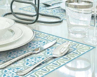 Set of vinyl placemats in green and turquoise. Tiles place mats printed to order on durable PVC\Vinyl. Art mat tableware.