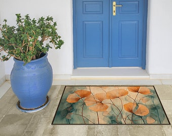 NEW - Ginkgo flowers bamboo mat design in Orange. Custom bamboo carpet with colorful Ginkgo flowers pattern. Bamboo runner, area rug.