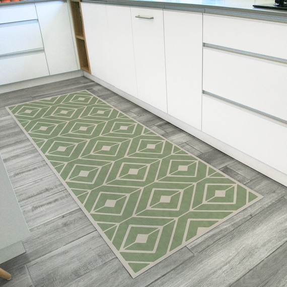 Juego de alfombras de cocina con fondo de acuarela dibujadas por pincel,  pinturas verdes derramadas sobre papel, tapete de cocina para piso